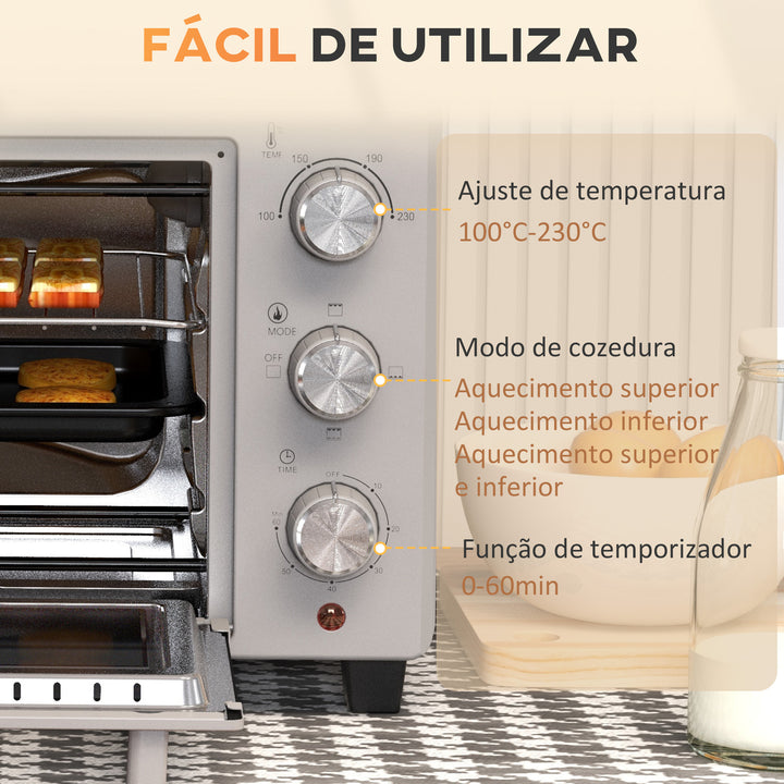 Mini Forno Elétrico 21L 1400W Forno Elétrico de Mesa com Temporizador até 60min e Temperatura Ajustável até 230? 46x38,5x29 cm Prata