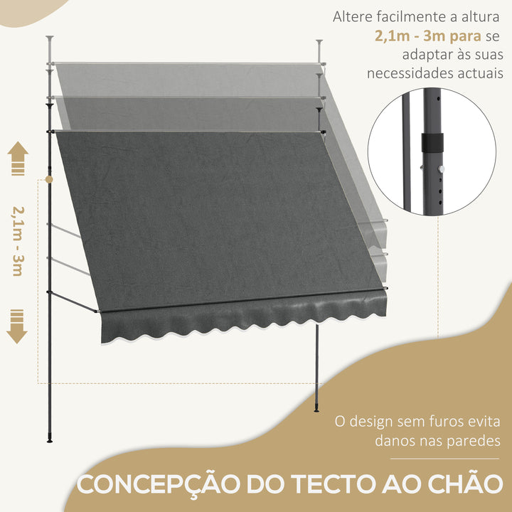 Toldo Manual Retrátil com Manivela 300x120x210-300 cm Toldo para Varanda com Altura Ajustável Impermeável e Anti-UV para Jardim Terraço Cinza Escuro