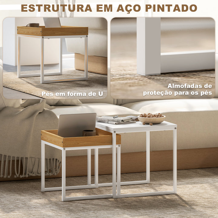 Mesas Auxiliares para Sala de Estar Conjunto de 2 Mesas com Estrutura de Aço Mesas de Centro Pequenas para Dormitório Branco e Carvalho