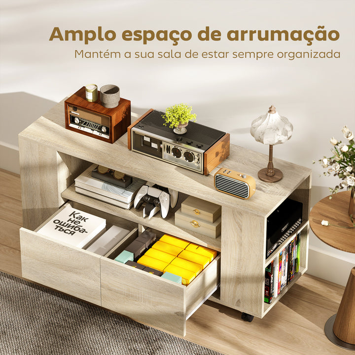 Móvel de TV com Rodas Mesa de TV Móvel Móvel para Televisão até 42 Polegadas com 2 Gavetas Prateleiras Ajustáveis para Sala de Estar Quarto 102x34,5x48,5 cm Madeira