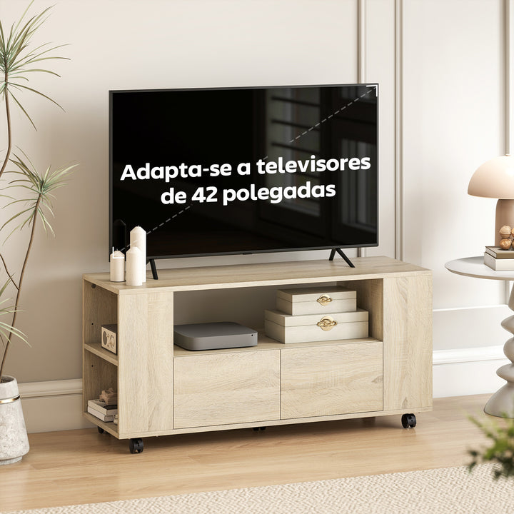 Móvel de TV com Rodas Mesa de TV Móvel Móvel para Televisão até 42 Polegadas com 2 Gavetas Prateleiras Ajustáveis para Sala de Estar Quarto 102x34,5x48,5 cm Madeira