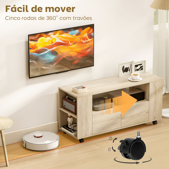 Móvel de TV com Rodas Mesa de TV Móvel Móvel para Televisão até 42 Polegadas com 2 Gavetas Prateleiras Ajustáveis para Sala de Estar Quarto 102x34,5x48,5 cm Madeira