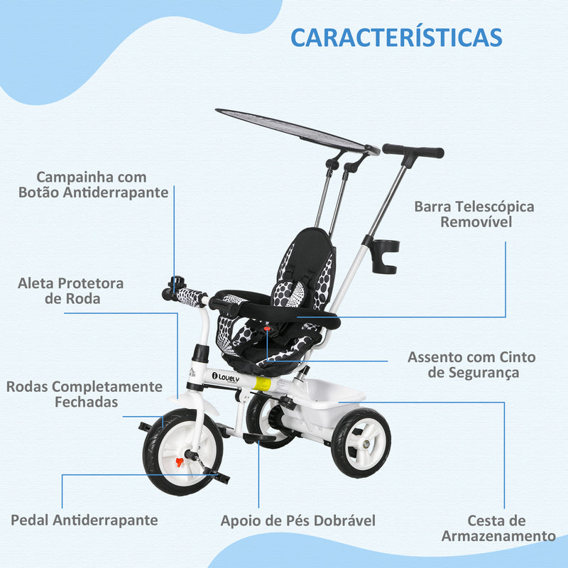 Triciclo para Bebês 2 em 1 Triciclo Evolutivo para Crianças de +12 Meses com Toldo Dobrável Guiador Telescópico e Removível Assento Ajustável Cesto e Suporte para Garrafa Branco