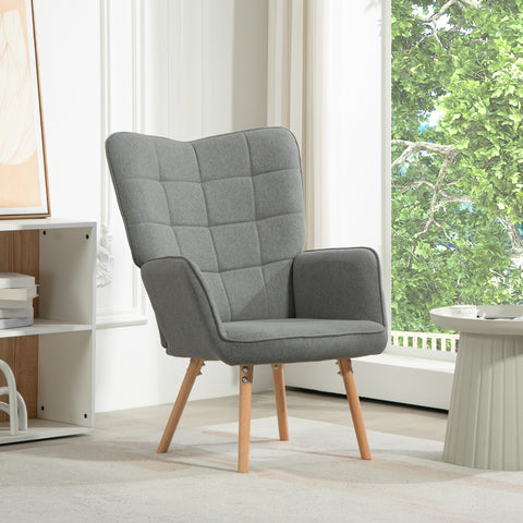 Poltrona de Sala de Estar Moderna Poltrona com Encosto Alto Apoio para os Braços Tecido de Linho e Pés de Madeira de Haya para Sala de Jantar Cozinha 71x76x101 cm Cinza
