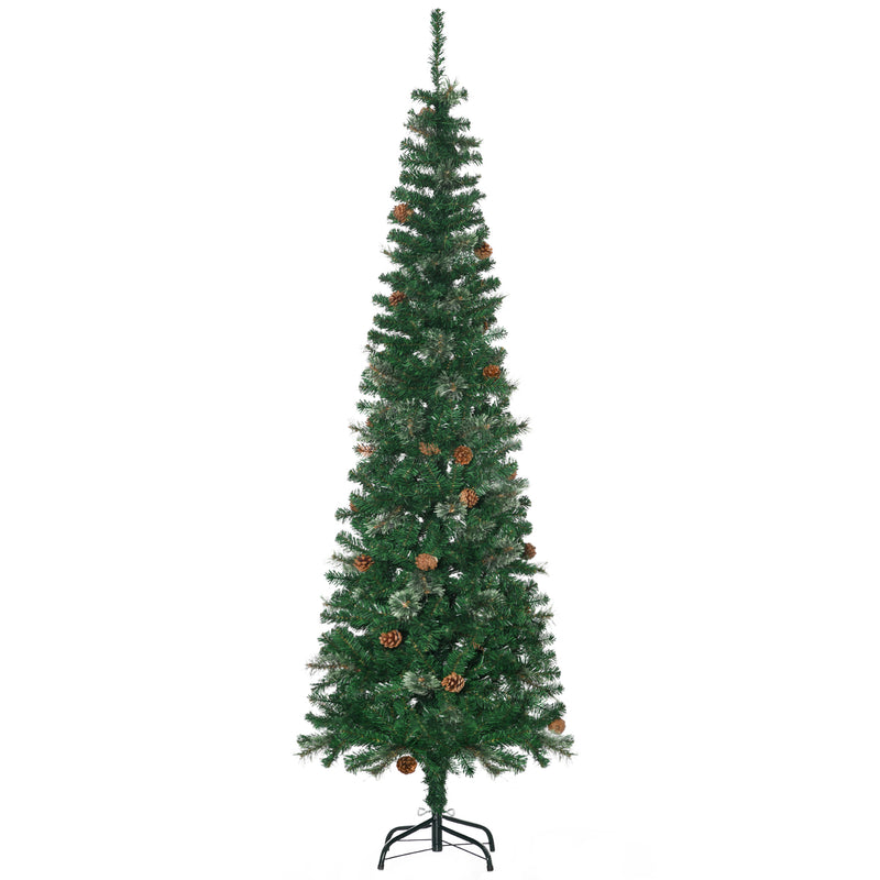 Árvore de Natal Artificial 195 cm Árvore de Natal com 556 Ramos Árvore de Natal Estreita Slim com 25 Pinhas Base Dobrável Ø54x195 cm Verde