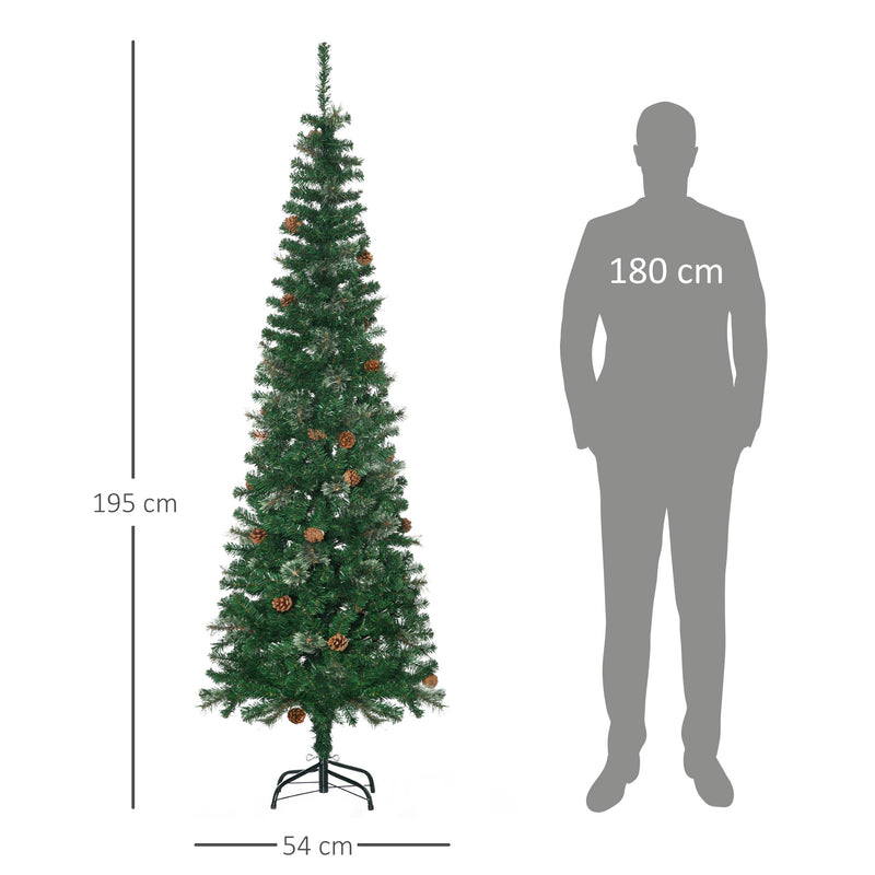 Árvore de Natal Artificial 195 cm Árvore de Natal com 556 Ramos Árvore de Natal Estreita Slim com 25 Pinhas Base Dobrável Ø54x195 cm Verde