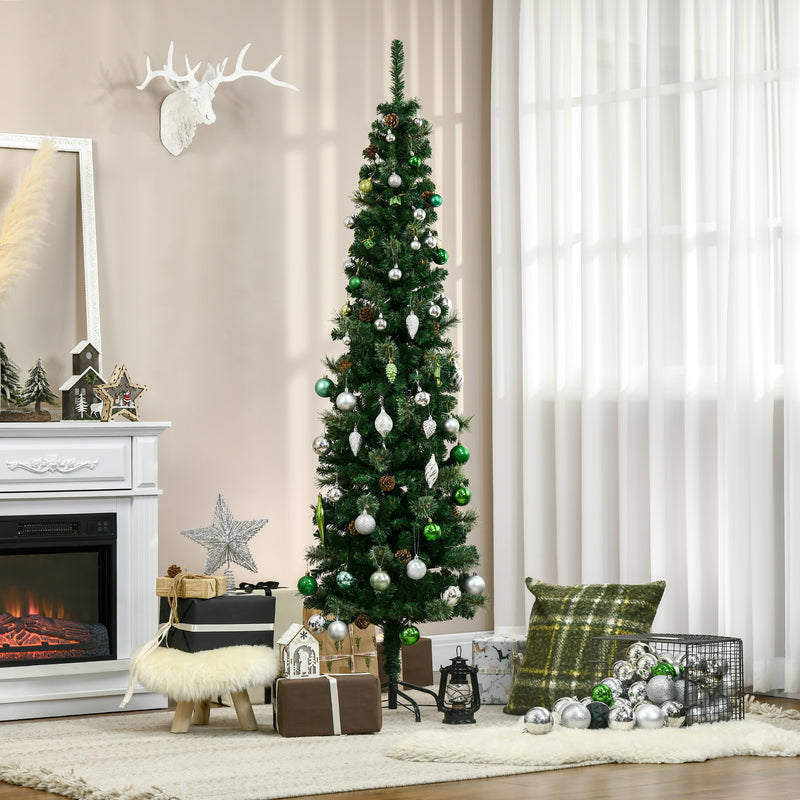 Árvore de Natal Artificial 195 cm Árvore de Natal com 556 Ramos Árvore de Natal Estreita Slim com 25 Pinhas Base Dobrável Ø54x195 cm Verde