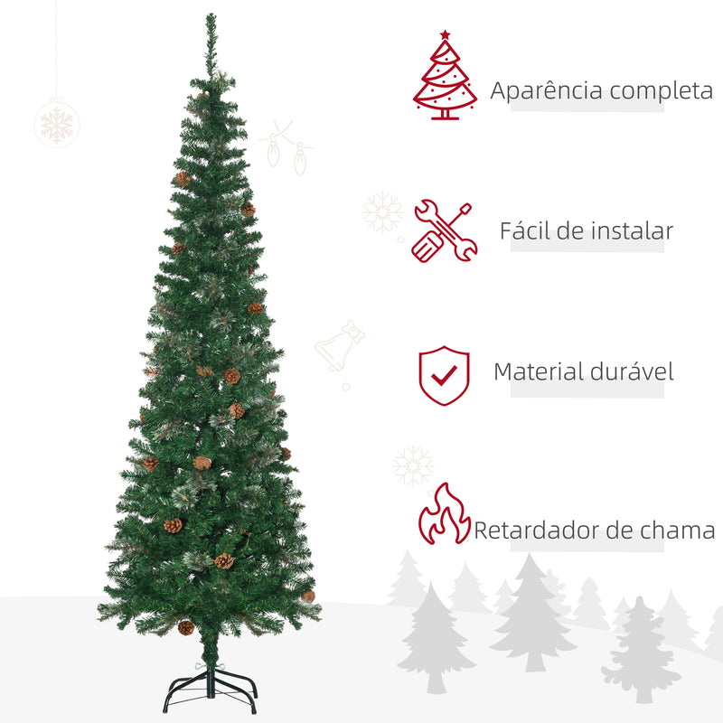 Árvore de Natal Artificial 195 cm Árvore de Natal com 556 Ramos Árvore de Natal Estreita Slim com 25 Pinhas Base Dobrável Ø54x195 cm Verde