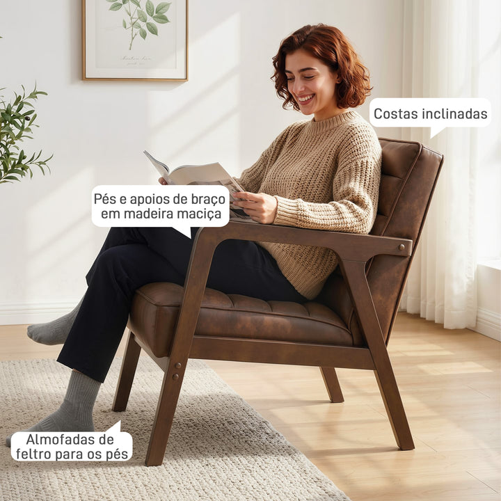 Poltrona Vintage Estofada em Couro Sintético com Almofada Espessa Estrutura em Madeira Maciça para Sala ou Quarto 64x79,5x80 cm Castanho