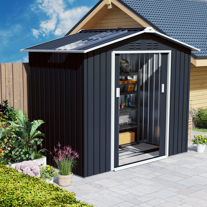 Abrigo de Jardim 2,42 m 213x130x185 cm Abrigo de Jardim Metálico de Exterior para Armazenamento de Ferramentas com 2 Portas Deslizantes e 4 Janelas para Terraço Cinza Escuro