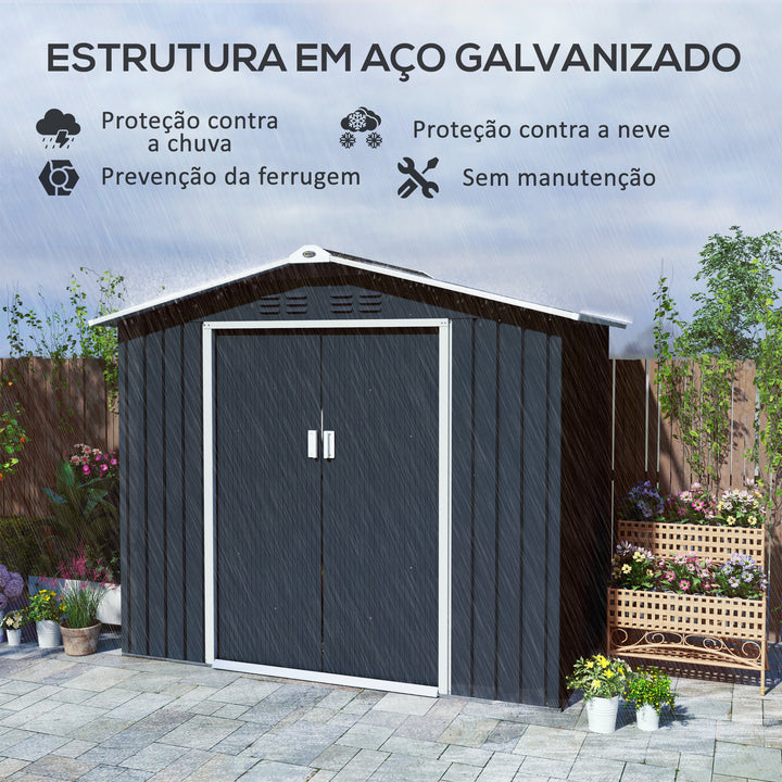 Abrigo de Jardim 2,42 m 213x130x185 cm Abrigo de Jardim Metálico de Exterior para Armazenamento de Ferramentas com 2 Portas Deslizantes e 4 Janelas para Terraço Cinza Escuro