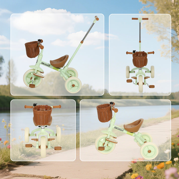 Triciclo para Bebés 2 em 1 Triciclo Evolutivo para Crianças de 2-5 Anos com Barra Parental Ajustável Pedais Antideslizantes Apoio para Pés Rebatível e Cesto 93,5x47x96 cm Verde