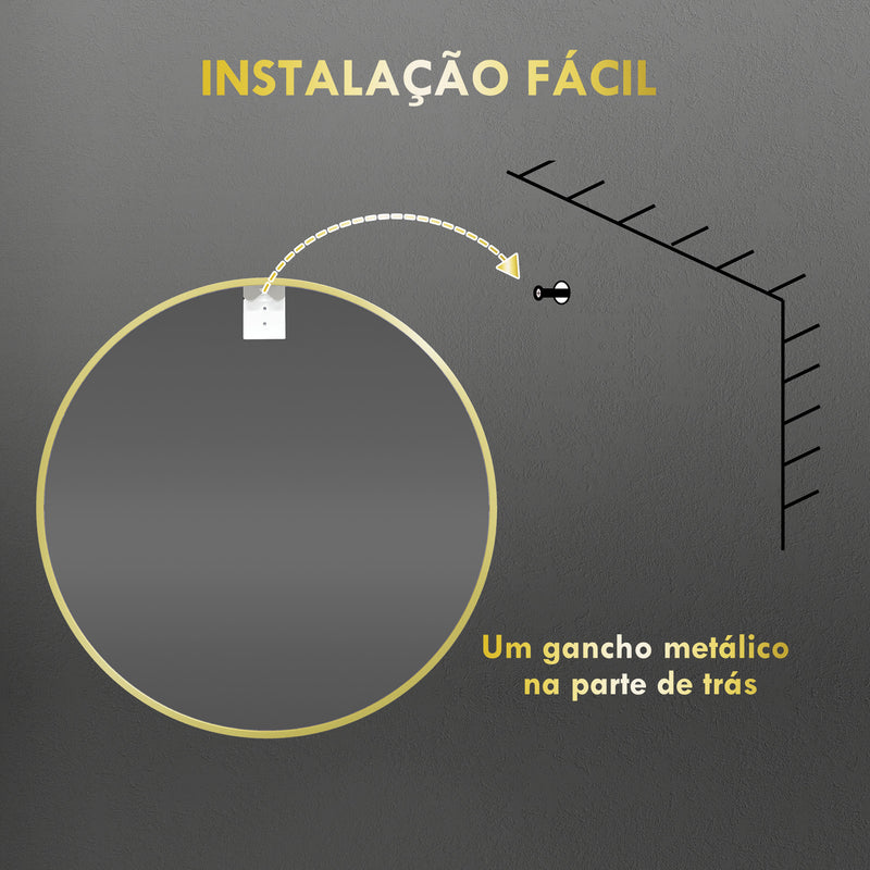 Espelho Casa de Banho Redondo Ø70 cm Espelho de Parede com Estrutura de Alumínio e Gancho de Instalação Fácil para Sala de Estar Entrada Corredor Dourado