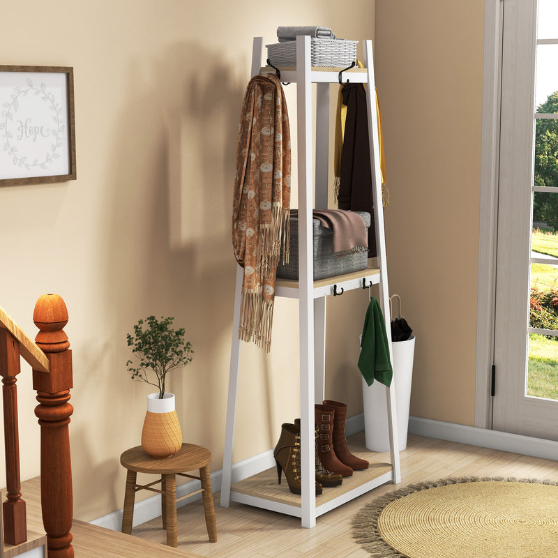 Suporte para Cabides de 3 Níveis Suporte para Cabides com 6 Ganchos e Prateleiras de Armazenamento para Entrada Corredor Quarto Sala 61x41x165 cm Natural