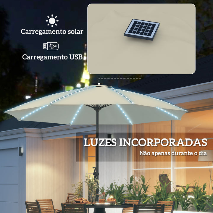 Chapéu de Sol de Jardim com Luzes LED Ø300x256 cm Chapéu de Sol com Manivela Teto com Ventilação Proteção UV50+ e Mastro de Alumínio Chapéu de Sol para Piscina Creme