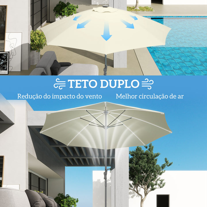 Chapéu de Sol de Jardim com Luzes LED Ø300x256 cm Chapéu de Sol com Manivela Teto com Ventilação Proteção UV50+ e Mastro de Alumínio Chapéu de Sol para Piscina Creme