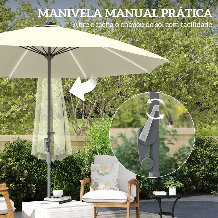 Chapéu de Sol de Jardim com Luzes LED Ø300x256 cm Chapéu de Sol com Manivela Teto com Ventilação Proteção UV50+ e Mastro de Alumínio Chapéu de Sol para Piscina Creme