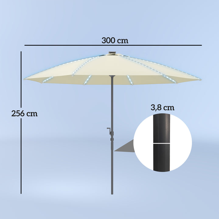 Chapéu de Sol de Jardim com Luzes LED Ø300x256 cm Chapéu de Sol com Manivela Teto com Ventilação Proteção UV50+ e Mastro de Alumínio Chapéu de Sol para Piscina Creme