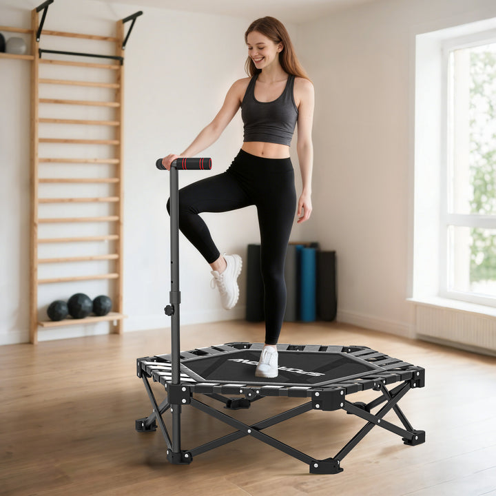 Trampolim de Fitness Dobrável 104 cm Mini Cama Elástica com Barra Ajustável em 3 Alturas Silencioso Estrutura Metálica Reforçada e Bolsa de Transporte para Treino em Casa Ginásio Preto