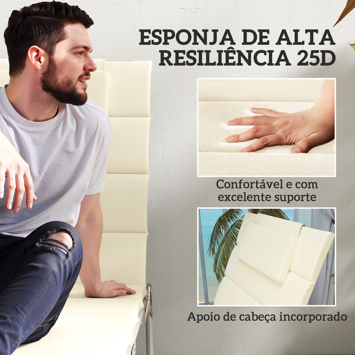 Conjunto de 2 Almofadas para Espreguiçadeira Dobráveis Almofadas para Espreguiçadeiras de Jardim 203x66x3 cm com Apoio para a Cabeça e Correias de Sujeição Creme
