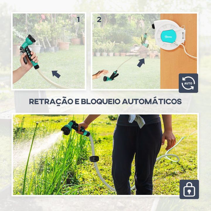 Carretel de Mangueira para Jardim 20+2 m Carretel de Mangueira Retrátil de Parede com 7 Bocais Função de Bloqueio Retorno Automático e Giro de 180° Cinza Claro