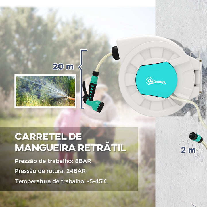 Carretel de Mangueira para Jardim 20+2 m Carretel de Mangueira Retrátil de Parede com 7 Bocais Função de Bloqueio Retorno Automático e Giro de 180° Cinza Claro