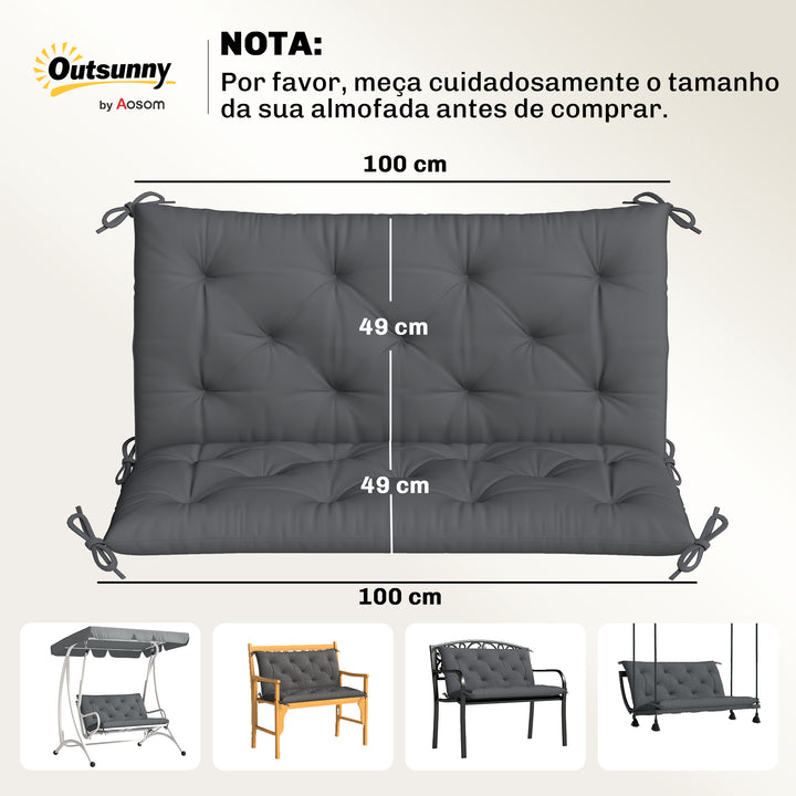 Almofada para Banco com Encosto 100x98x8cm Almofada de Banco de 2 Lugares com 6 Cordões de Fixação para Jardim Terraço Balcão Exterior Cinza