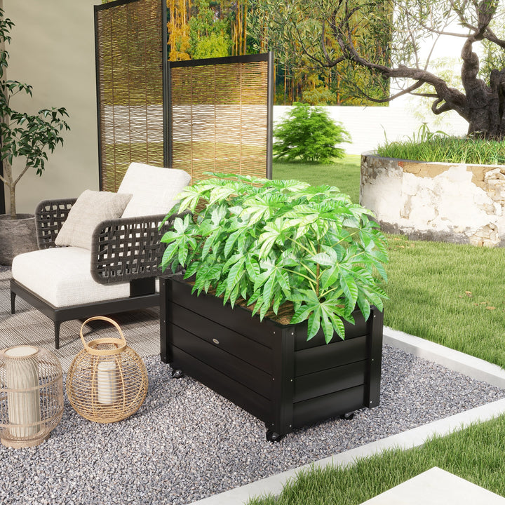 Floreira de Madeira com Rodas Horta Urbana para Cultivar Plantas Vaso Exterior com Orifícios de Drenagem e Tecido Não Tecido para Jardim Terraço Varanda e Pátio 89x48x47 cm Preto