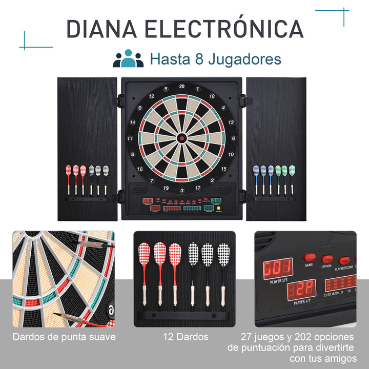 Alvo eletrônico digital para até 8 jogadores com 12 dardos e 30 pontas com portas de tela de LED 27 jogos diferentes 51x6,5x57 cm Preto