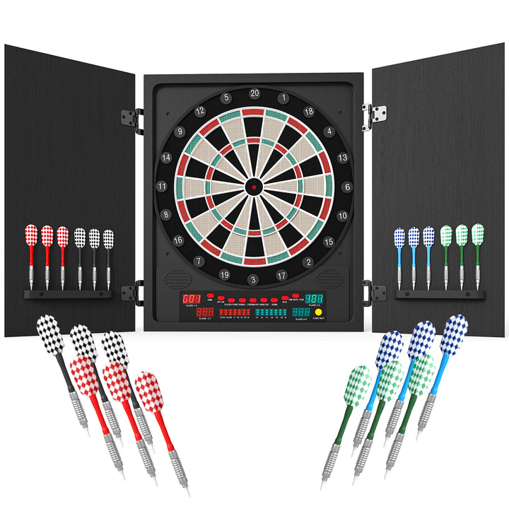 Alvo eletrônico digital para até 8 jogadores com 12 dardos e 30 pontas com portas de tela de LED 27 jogos diferentes 51x6,5x57 cm Preto