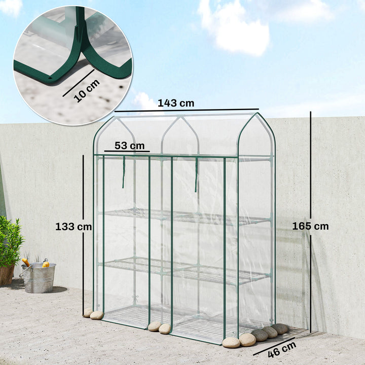 Estufa Pequena de 3 Níveis, Estufa de Exterior com 2 Portas Enroláveis, Estrutura de Aço e Cobertura de Plástico Anti-UV para Cultivo de Plantas, Flores, 143x46x165 cm, Transparente