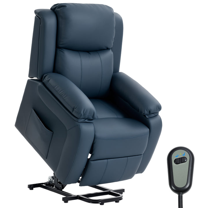 Poltrona Relax Levanta Pessoas com Controle Remoto Reclinação Elétrica de 160° Apoio para os Pés Encosto Estofado em PU e Bolsos Laterais 76x90x105 cm Azul Escuro