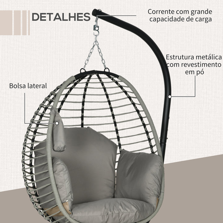 Cadeira Supensa com Suporte Cadeirão Suspenso de Jardim com Cesta Dobrável Almofada e Apoio para a Cabeça Cadeira Suspensa para Interior e Exterior Carga 120 kg 110x100x188 cm Cinza e Preto