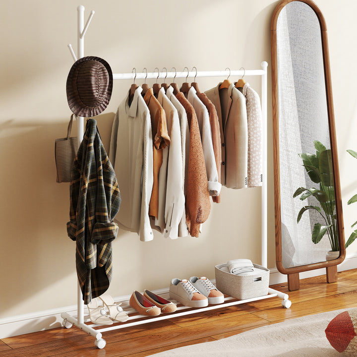 Charriot com Rodas Charriot com 5 Ganchos Barra para Pendurar e Prateleira Inferior Charriot para Dormitório Lavandaria 120x43x171 cm Branco