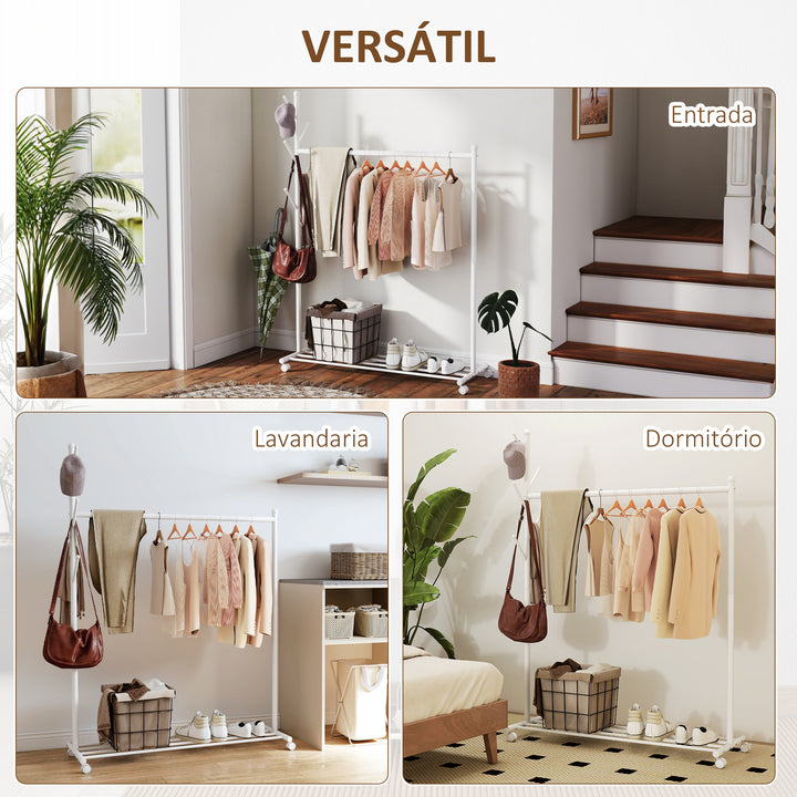 Charriot com Rodas Charriot com 5 Ganchos Barra para Pendurar e Prateleira Inferior Charriot para Dormitório Lavandaria 120x43x171 cm Branco