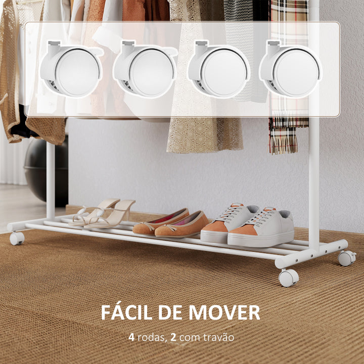 Charriot com Rodas Charriot com 5 Ganchos Barra para Pendurar e Prateleira Inferior Charriot para Dormitório Lavandaria 120x43x171 cm Branco