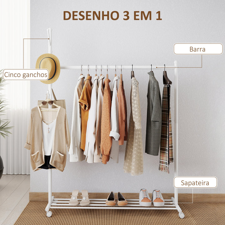 Charriot com Rodas Charriot com 5 Ganchos Barra para Pendurar e Prateleira Inferior Charriot para Dormitório Lavandaria 120x43x171 cm Branco