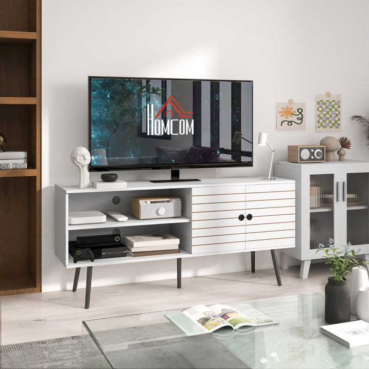 Móvel de TV para Televisores de até 65 Polegadas Móvel de TV para Sala com 2 Prateleiras Abertas 1 Armário com Portas e Orifícios para Cabos 145x38x65 cm Estilo Moderno Branco