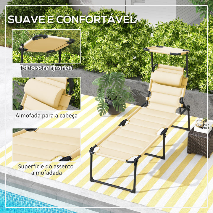 Espreguiçadeira Dobrável Espreguiçadeira de Jardim com Toldo Ajustável Encosto Regulável em 4 Níveis e Apoio de Cabeça para Jardim Terraço Piscina 70x200x45 cm Creme