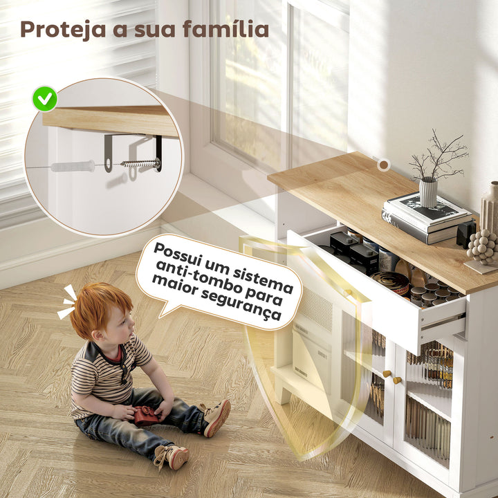 Aparador 2 Portas de Vidro Aparador para Sala Moderno com Gaveta Compartimentos Abertos e Prateleiras Ajustáveis para Sala de Jantar Entrada 100x35x80,3 cm Branco