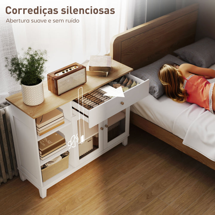 Aparador 2 Portas de Vidro Aparador para Sala Moderno com Gaveta Compartimentos Abertos e Prateleiras Ajustáveis para Sala de Jantar Entrada 100x35x80,3 cm Branco