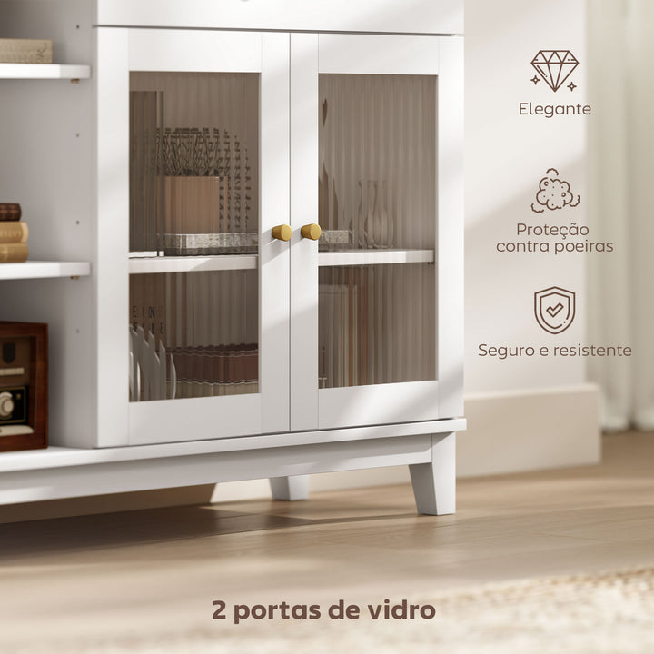 Aparador 2 Portas de Vidro Aparador para Sala Moderno com Gaveta Compartimentos Abertos e Prateleiras Ajustáveis para Sala de Jantar Entrada 100x35x80,3 cm Branco