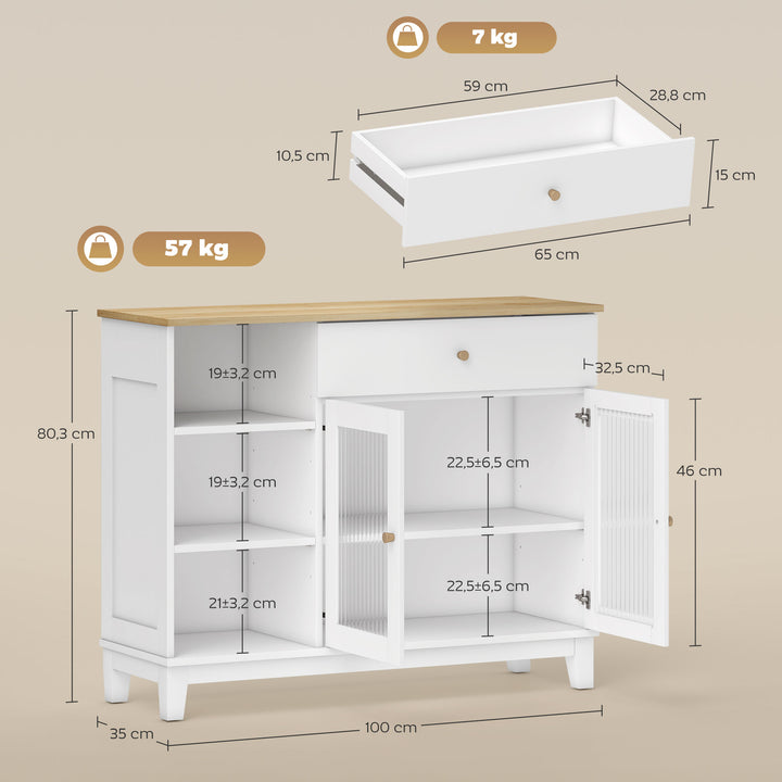 Aparador 2 Portas de Vidro Aparador para Sala Moderno com Gaveta Compartimentos Abertos e Prateleiras Ajustáveis para Sala de Jantar Entrada 100x35x80,3 cm Branco