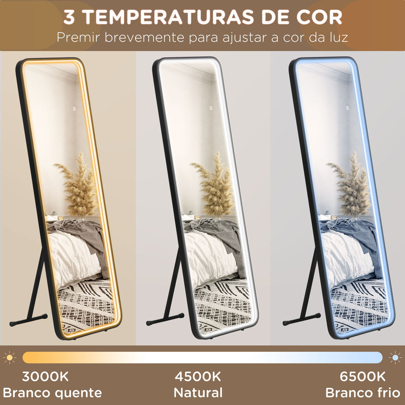 Espelho de Pé com Luzes LED Espelho de Corpo Inteiro 151,5x50 cm Independente ou de Parede com Iluminação Ajustável em 3 Cores Função de Memória para Dormitório Preto