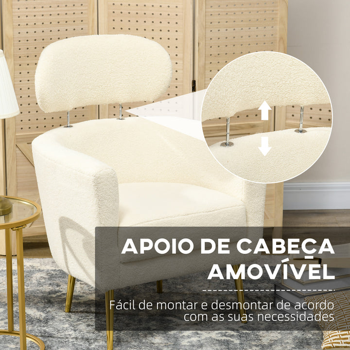 Poltrona Sala de Estar Individual Estofada com Apoio para a Cabeça e Pés de Metal para Dormitório Escritório Carga Máxima 125 kg 71x65x90 cm Creme
