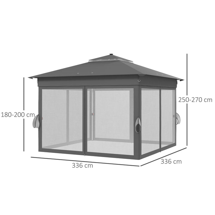 Tenda Dobrável 336x336 cm Tenda de Jardim com Teto Duplo 4 Paredes Laterais 20 Luzes LED Solares Altura Ajustável Controlo Remoto e Bolsa de Transporte para Jardim Pátio Festas Cinza