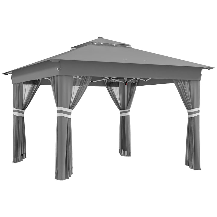 Tenda Dobrável 336x336 cm Tenda de Jardim com Teto Duplo 4 Paredes Laterais 20 Luzes LED Solares Altura Ajustável Controlo Remoto e Bolsa de Transporte para Jardim Pátio Festas Cinza