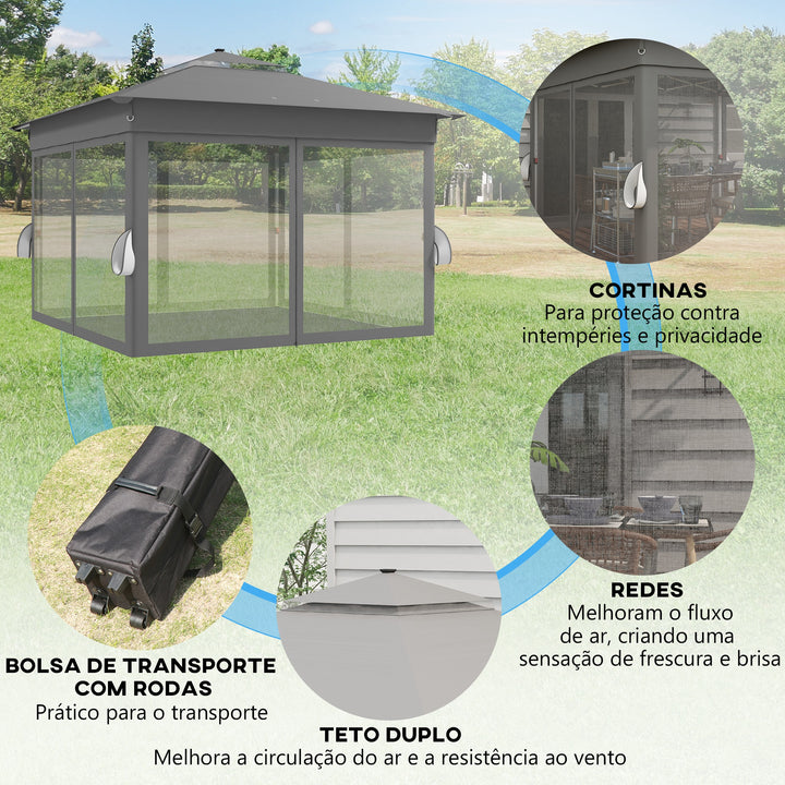 Tenda Dobrável 336x336 cm Tenda de Jardim com Teto Duplo 4 Paredes Laterais 20 Luzes LED Solares Altura Ajustável Controlo Remoto e Bolsa de Transporte para Jardim Pátio Festas Cinza