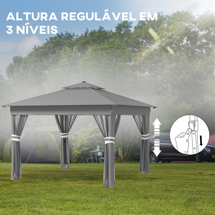 Tenda Dobrável 336x336 cm Tenda de Jardim com Teto Duplo 4 Paredes Laterais 20 Luzes LED Solares Altura Ajustável Controlo Remoto e Bolsa de Transporte para Jardim Pátio Festas Cinza