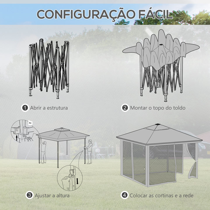 Tenda Dobrável 336x336 cm Tenda de Jardim com Teto Duplo 4 Paredes Laterais 20 Luzes LED Solares Altura Ajustável Controlo Remoto e Bolsa de Transporte para Jardim Pátio Festas Cinza